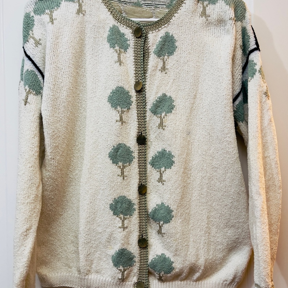 Dia & Co Cream and Green Floral Knit Cardigan